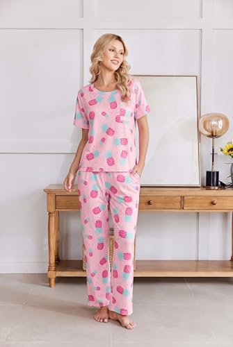 Image of Ekouaer Womens Satin Silky Pajama Set Short Sleeve Shirt with Long Pajama Pant Set Soft PJ Loungewear