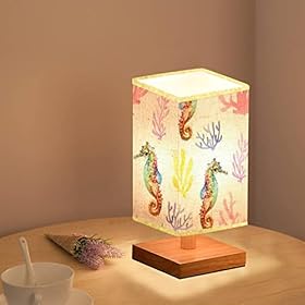 Square Bedside Table Lamp Watercolor Painted Seahorse Seamless Wooden Base Flaxen Fabric Shade Dimmable Nightstand Lamp… 41+FNlSyH6L. SS280