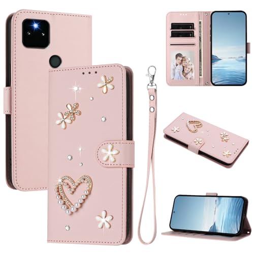 Jiajihua Case Compatible with Google Pixel 5A Lanyard【Card Holder Wallet Flip Cover Magnetic Buckle Kickstand】 Pink