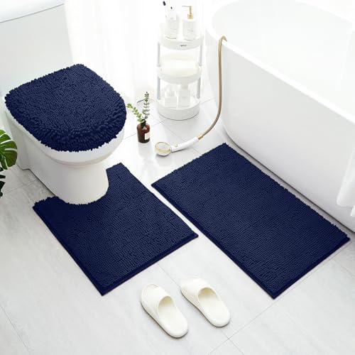 Image of BYSURE Navy Blue Bathroom Rugs Sets 3 Piece with Toilet Lid Cover Non Slip Extra Absorbent Plush Chenille Soft Washable Bath Mats