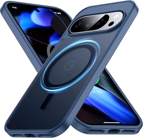 Magnetic Case for Google Pixel 9 Pro XL/10 Pro XL [Compatible with MagSafe] Shockproof Phone Case with Slim Translucent Matte Hard Back & Soft Black Bumper Drop Proof Cover (Blue)
