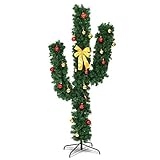 DREAMADE 7ft Pre-Lit Cactus Pine Artificial Christmas Tree, Pre-Strung Warm White 160 LED Lights, Ball Ornaments, Bowknot, Faux Seasonal Indoor Decoration, Green
