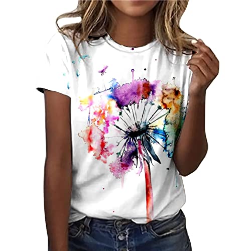 Shirt Damen, Tshirt Damen Sommer Weiß Bedrucken T-Shirt - Rundhals Kurzarm Oberteile Baumwolle Casual Tee Shirts Teenager Mädchen Tunika Bluse Bunte Drucken Tops Sportshirt