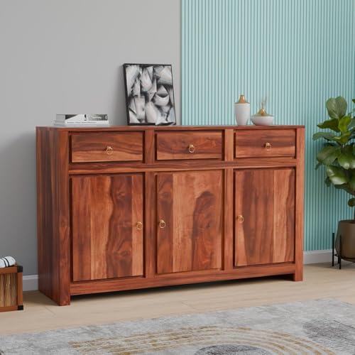 Image of Solid Sheesham Wood Sideboard Cabinet Storage with 3 Door & 3 Drawer Wooden Storage Organizer Cabinet for Home Kitchen Living Room Bedroom Hallway Dinning | Natural Honey Finish | Pre-Assembled
