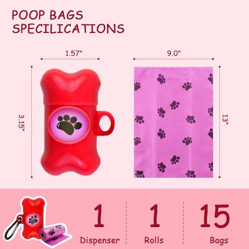 Image of Dog Poop Bags Dispenser with Carabiner Clip, Doggy Poop Bag Holders for Leashes Include 1 Roll (15 Bags) Leak-Proof Large Lavender Scented Doggie Pet Waste Bags, Dog Accessories, Red