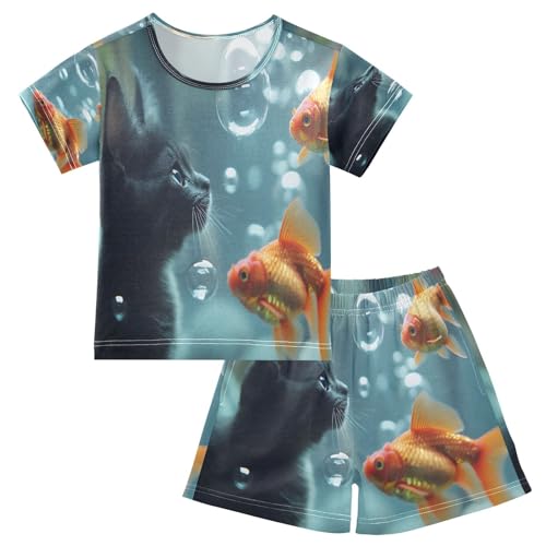 ALAZA Black Cat Fish Abstract Pajamas Set Short Sleeve Cotton Sleepwear Summer Pjs 2 Piece 5-14Y