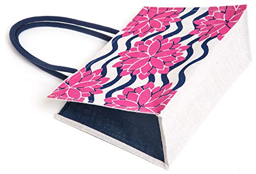 Image of H&B Jute Shopping Tote - Eco-Friendly Carry Bag for Grocery, Travel, Shoulder | Reusable Handbag With Lotus Flower Design (White)