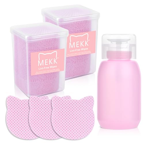 MEKK Lint Free Nail Wipes with Acetone Dispenser Set 400PCS Cat-Shaped Lint Free Wipes with 200ml Anti-Corrosion Empty Push Down Pump Dispenser Bottle for Acetone