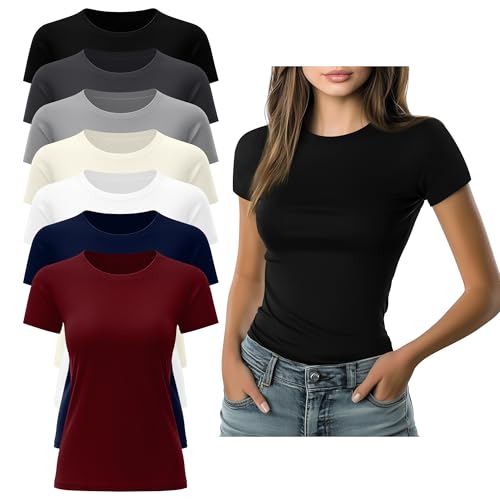 Xaatren 7 Pack Women's Fitted Basic T-Shirts Bulk Crewneck Tight