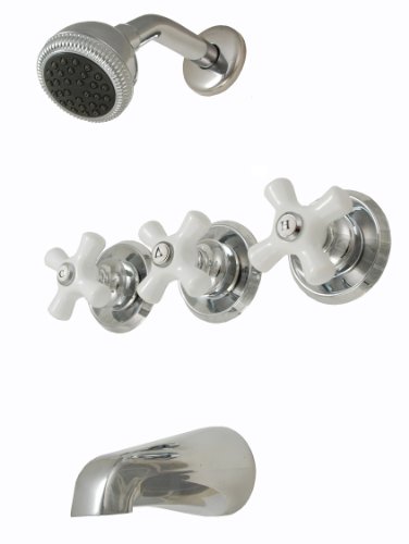 Grifería de bañera y ducha de 8" con tres manijas, baño cromado, sin arandelas, manijas de porcelana cruzada - Plumb USA 34580CP miniatura 1