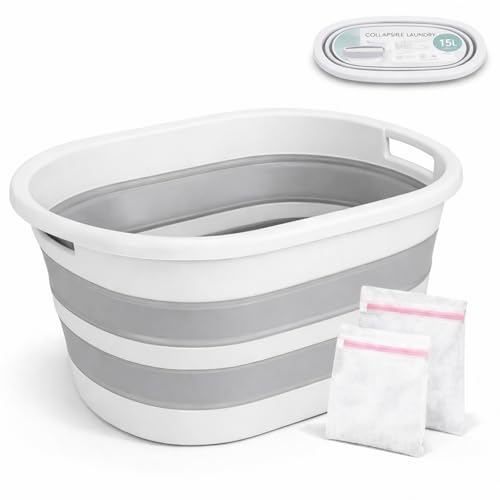 ForenTex Cesta Ropa Sucia Plegable 15L con 2 Bolsas de Lavado, Cesto Ropa Sucia Plástico TPR+PP Resistente, Barreño Colada Plegable Ahorra Espacio para Baño, Lavandería y Dormitorio, Gris y Blanco