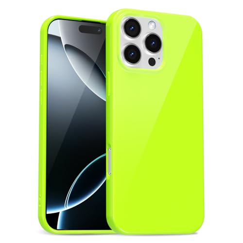 uvcoat for iPhone 16 Pro Case Silicone, Glossy Cute Jelly Soft Rubber Gel Protective Plastic Phone Case, Thin Ultra Slim Plain Solid Color Cover for Women, Neon Green Lime