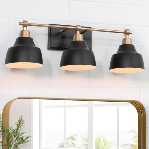 GEPOW Bathroom Wall Light Fixtures, 3-Light Black Gold Vanity Light, Modern Farmhouse Wall Lamp Over Mirror for Hallway, Bedroom, Kitchen, and Living Room