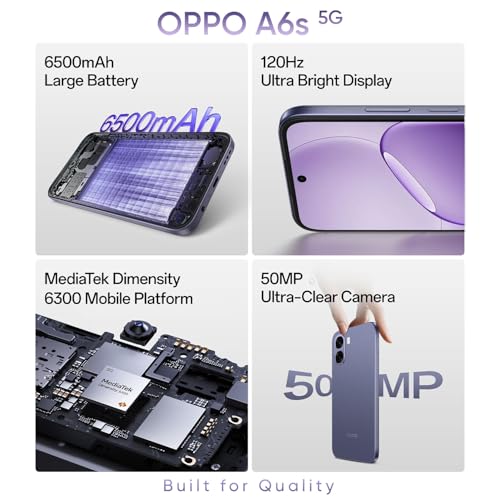 Image of OPPO A6s 5G Smartphone 4+128GB Purple, 6.7-inch HD+ 120Hz Bright Display, 6500mAh Large Battery, 45W SUPERVOOCTM Fast Charge, 5MP Front Camera & 50MP Rear Camera, MediaTek Dimensity 6300, IP64