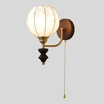 Farmhouse Fabric Shade Wall Sconce Vintage Solid Wood Wall Lamp with Pull Chain Switch, Hardwired Wall Mounted Fixture for Bedroom Living Room, E26/E27 Socket