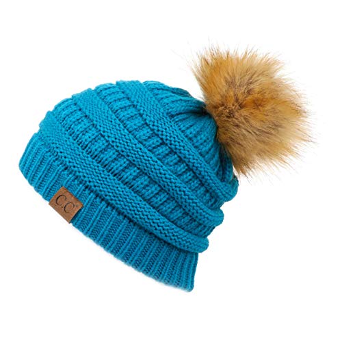 C.C Hatsandscarf Exclusives Unisex Solid Ribbed Beanie with Pom (HAT-43) (Teal)