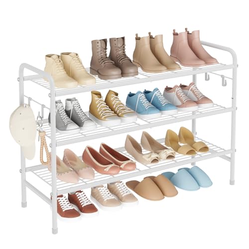 Image of VILICK 3 Tier Shoe Rack 33 inch Wide Metal Shoe Organizer Long Shoe Storage with 4 Side Hooks Sturdy Shoes Shelf for Front Door Entrance, Closet, Garage, Dorm, White