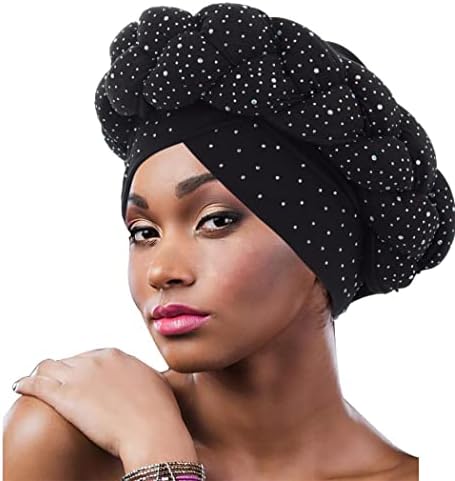Urieo Twisted Braid Head Wrap Black Rhinestone Turban Hat African Beanie Headwrap for Women