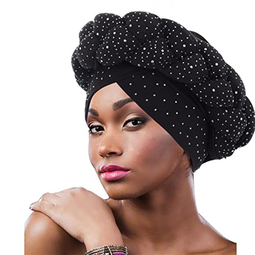 Urieo Twisted Braid Head Wrap Black Rhinestone Turban Hat African Beanie Headwrap For Women #TOP5