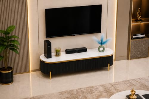 Image of Mazzo Modern TV Unit /Console - 70 inchx12 inchx18 inch White Marble Top with Golden Acrylic, Waterproof Plywood & Charcoal Louvers - Media Cabinet | Modern TV Stand Console Without Storage (Black)