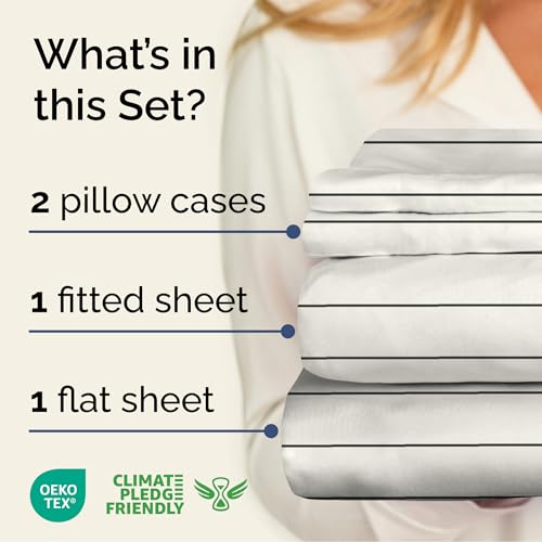 Image of Full 4 Piece Striped Sheet Set - Soft, Breathable & Cooling - Cream Stripe | 1 Flat, 1 Fitted & 2 Pillowcases w / Deep Pockets, Luxury Striped Bedding, Soft, Breathable & Cooling, Wrinkle & Fade Free