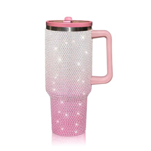 Image of 40 Oz Rhinestone Studded Tumbler with Handle Straw and Lid, Insulated Stainless Steel Double Layer Water Bottle for Women, Reusable Travel Coffee Mug (1200ml) Gradient white /pink