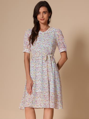 Image of Allegra K Women's Vintage Peter Pan Collar High Waist Flowy Midi Puff Sleeve Floral Dress