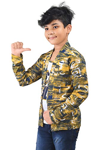 Image of Boy's Full Sleeve Cotton White Printed T-Shirt with Yellow Jacket Shrug Look Smart and Comfortable for Any Casual and Festive Purpose