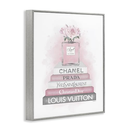 Image of Stupell Industries 'Pink Roses Perfume Bottle Glam Fashion Bookstack', Framed Giclee Art, Gray, 11 x 14 Inches, Easy to Hang and Sturdy, Made in USA, by Amanda Greenwood | Stupell Industries | Gray, 11 x 14 Inches, Easy to Hang and Sturdy, Made in USA, by Amanda Greenwood