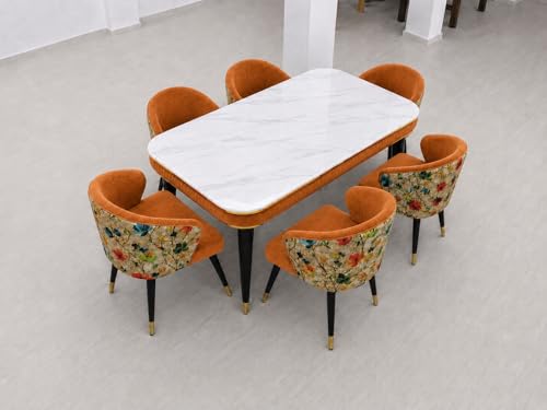Image of WOODEN SPACE 6-Seater Wooden Dining Table Set | Nano Composite Marble Top | Solid Wood Base | Modern Dining Room Furniture with 6 Chairs (Mustard Printed)