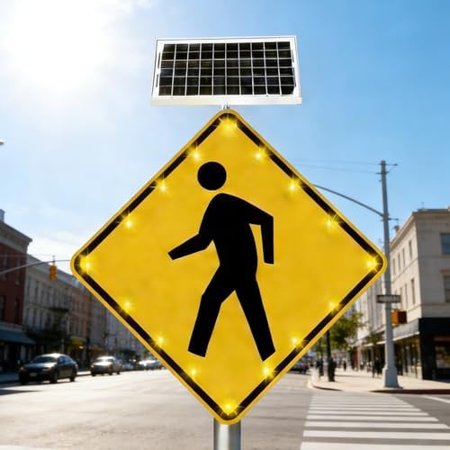 Solar-Powered LED Blinking Pedestrian Crossing Sign, 24/30 Inch Aluminum, Waterproof IP65 Reflective Traffic Signal for Roads & Communities, Enhanced Safety Warning
