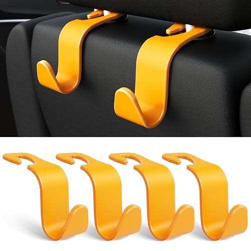 Image of Amooca Car Seat Headrest Hook 4 Pack Hanger Universal Vehicle Car Storage Organizer for Handbag Purse Coat S Type Yellow