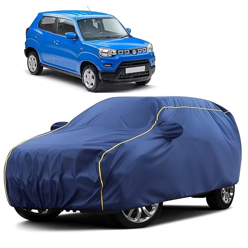 Image of Sulfar 100% Water Resistant Car Body Cover Compatible with Mirror for Maruti Suzuki S-presso (Triple Stitched, Full Bottom Elastic, Blue Taffeta with Yellow Piping)