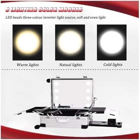 Miniatura 3 de Maletín De Maquillaje Con Ruedas, Maletín De Maquillaje Profesional De Aluminio Con Luces Led, Estuche De Viaje Para Maquillaje, Altura Ajustable,