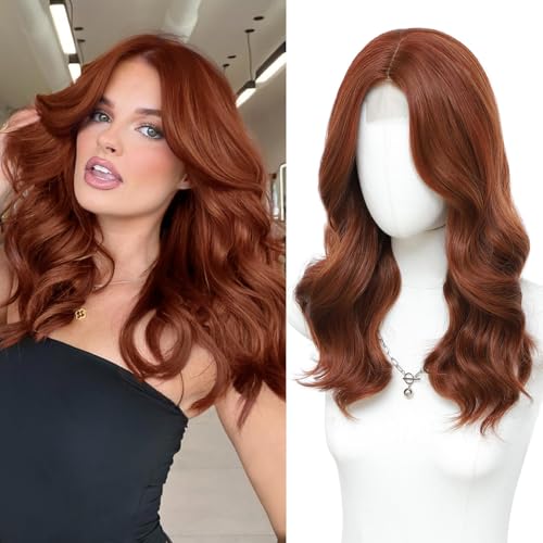 MORICA Auburn Wavy Wigs for Women Middle Part Curly Wavy Wig Natural Looking Synthetic Heat Resistant Fiber for Daily Party Use (18 Inch Auburn)