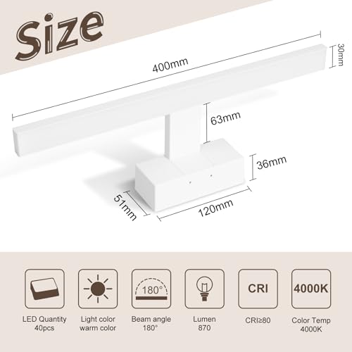 Aigostar Lampa Łazienkowa nad Lustro LED 40cm - Kinkiet Łazienkowy Biała IP44, 3 Sposoby Montażu, 4000K Neutralna Biel, 8W 560lm, 230V