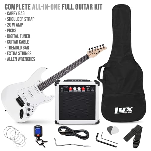 Image of LyxPro 39 inch Electric Guitar Kit Bundle with 20w Amplifier, All Accessories, Digital Clip On Tuner, Six Strings, Two Picks, Tremolo Bar, Shoulder Strap, Case Bag Starter kit Full Size - White