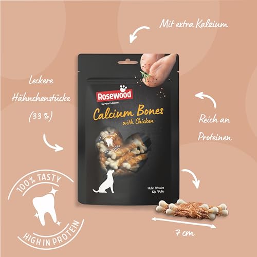 Rosewood Calcium Bones Huhn – Kleiner Kausnack für Hunde, Hundesnack aus Rinderhaut mit extra Kalzium, unterstützt die Zahnpflege, ohne Getreide, ohne künstliche Zusatzstoffe, 100 g
