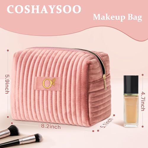Image of COSHAYSOO Travel Makeup Bag Quilted Make Up Pouch Initial Velvet Cosmetic Case with Butterfly Decor for Young Women 18 19 20 21 22 23 24 25 26 27 28 29 30 40 50 Year Old Birthday Gifts Pink Letter O