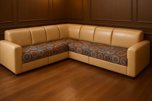 Image of JAPA Beige Medallion Rug Look Quilted Velvet L-Shape Seat-Only Sofa Cover for 3+2 Seater - Non-Slip Washable Daily Use Sofa Protector, Luxury Sofa Mat for Living Room