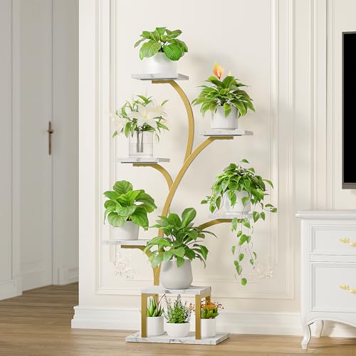 Image of BACEKOLL Plant Stand Indoor with Grow Lights, 7 Tiered Indoor Plant Shelf, 49 inch Corner Plant Stands for Indoor Plants, Metal Plant Flower Display Shelf, Tree-Shaped Plant Rack for Home, Faux Marble