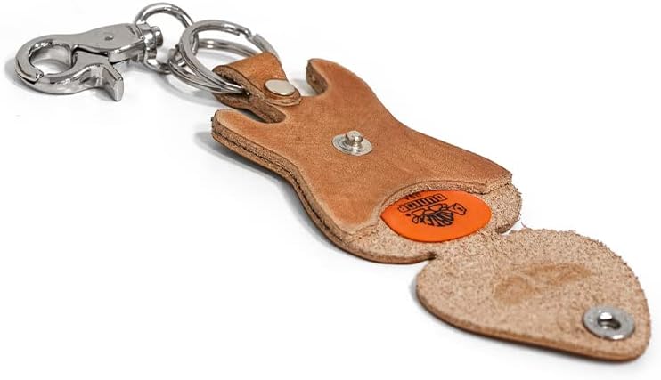 Fender Stratocaster Guitar shaped pick holder made of real leather with keychain and hook Made in Italy