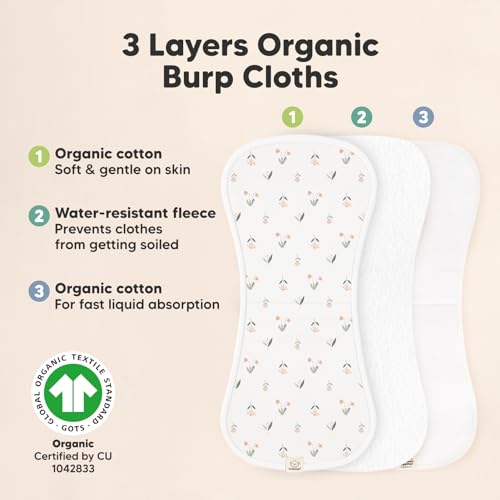 Image of Organic Burp Cloths Baby Boy & Girl - 5-Pack Super Absorbent Cotton Burping Cloths for Babies, Soft & Plush Newborn Spit Up Rags, Infant Towels for Milk Spit Up, Unisex, Large 21 inch x 10 inch (Fleur)