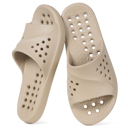 Gaatpot Shower Shoes for Men Women with Arch Support Quick Drying Massage Pool Slides Non-Slip Lightweight Beach Sandals Spa Bathroom Slippers with Drain Holes,Khaki,270 US 10-11 Women/8.5-9.5 Men