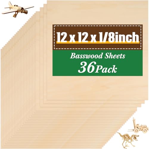 Riakrum 36 Pack 12×12×1/8 Basswood Sheets for Crafts, Laser Cutting Wood Board, Unfinished Plywood Square Panels for DIY Models, Wood Burning, Painting