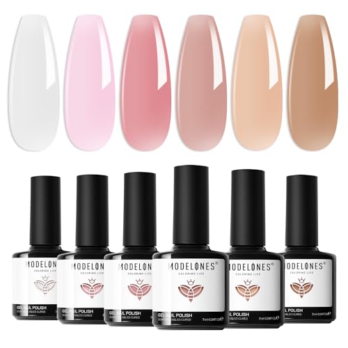 modelones Jelly Gel Nail Polish Set, 6 Colors Transparent Jelly Gel Polish Kit Sheer Pink Nude Milky White Nail Polish Gel, Soak Off LED Gel Nail Kit DIY Nail Art Salon Manicure Gifts for Women Girls