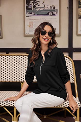 Acevog Women's Casual V Neck Blouse Adjustable Half-Zip Roll-Up Sleeve Pullover Tops Tunic Tops Work Blouse Casual Loose Shirts Black #TOP1
