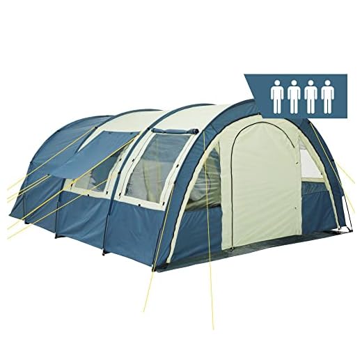 CampFeuer Tienda de Campaña Familiar Multi I 4 Personas I Columna de Agua de 5.000 mm I con Suelo y Pared Frontal Desplazable I Enorme Vestíbulo (Caqui y Azul)