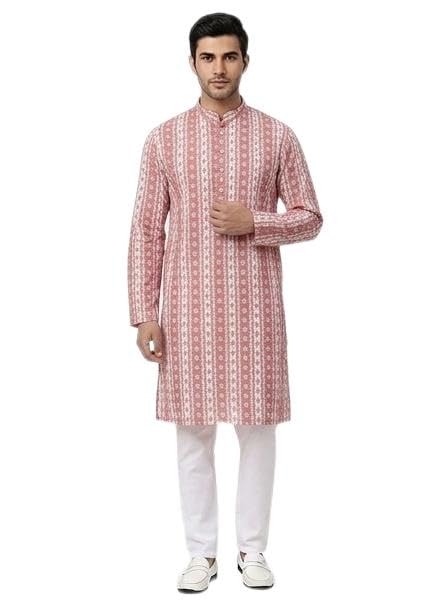 Men's peach colur Printed Kurta with Mandarin Collar, Full Sleeves (S)-image-33
