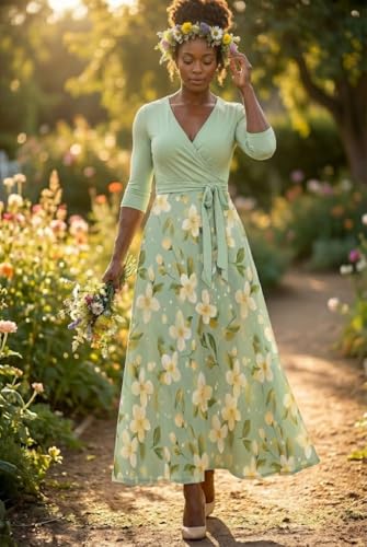Image of PinkPatty Plus Size Maxi Dress for Women Casual V Neck 3 /4 Sleeve Boho Printed Long Dress with Pockets